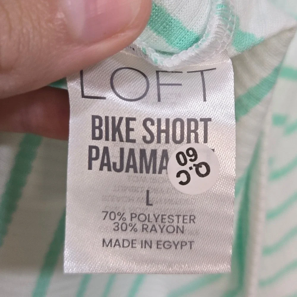 Loft 2 Piece Bike Short Pajama Set Large Green Striped Ribbed Jersey Knit Lounge